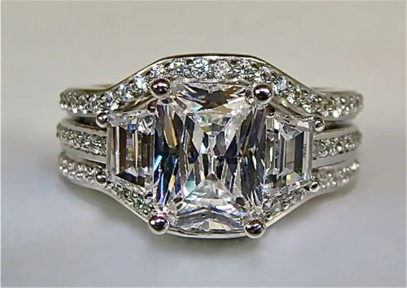 Vintage 10K White Gold 3ct Lab Diamond Ring Set | S925 Silver Engagement & Wedding Bands