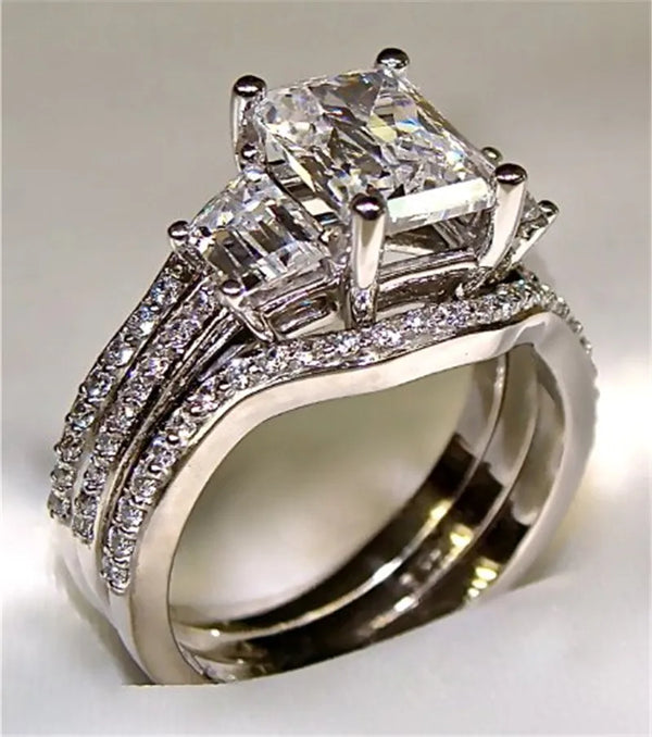 Vintage 10K White Gold 3ct Lab Diamond Ring Set | S925 Silver Engagement & Wedding Bands