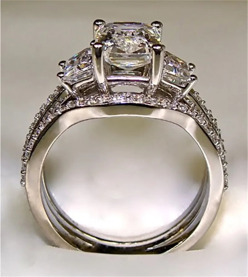 Vintage 10K White Gold 3ct Lab Diamond Ring Set | S925 Silver Engagement & Wedding Bands
