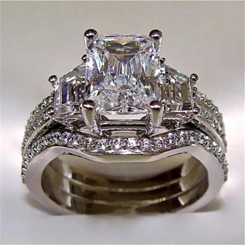 Vintage 10K White Gold 3ct Lab Diamond Ring Set | S925 Silver Engagement & Wedding Bands