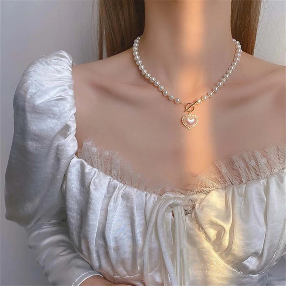 Vintage ABS Pearl Pendant Necklace | OT Buckle Clavicle Chain for Women