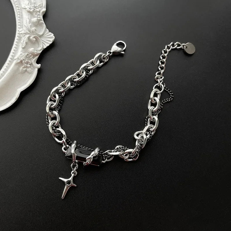 Retro Black Zircon Star Bracelet | Titanium Steel Unisex Goth Jewelry