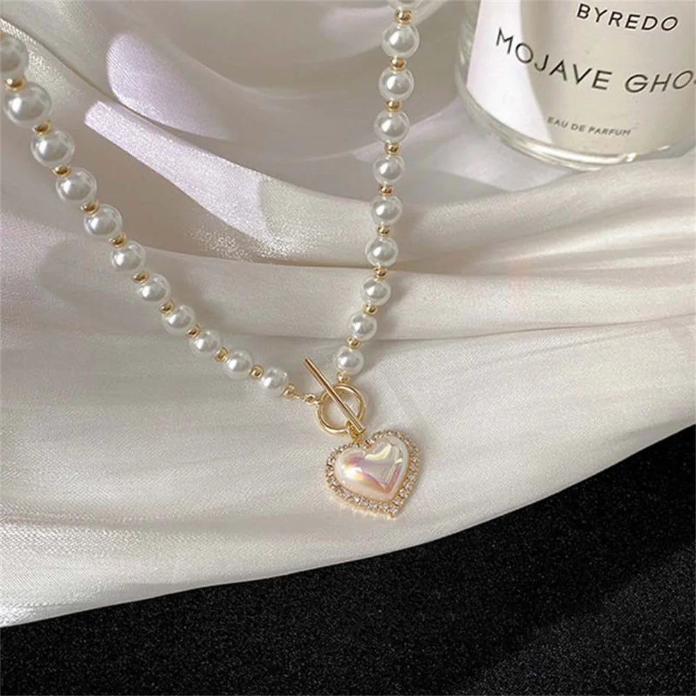 Vintage ABS Pearl Pendant Necklace | OT Buckle Clavicle Chain for Women