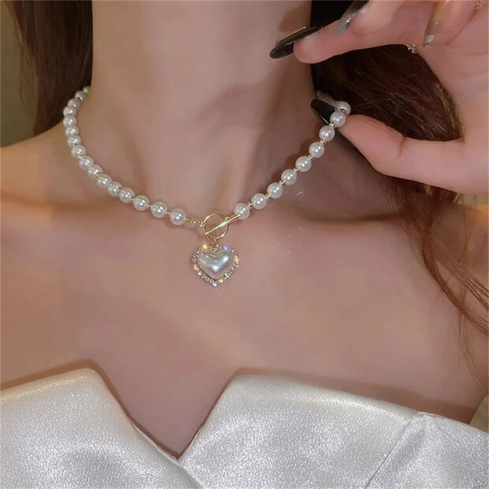 Vintage ABS Pearl Pendant Necklace | OT Buckle Clavicle Chain for Women