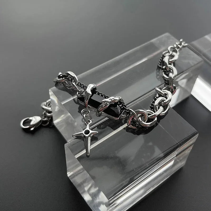 Retro Black Zircon Star Bracelet | Titanium Steel Unisex Goth Jewelry