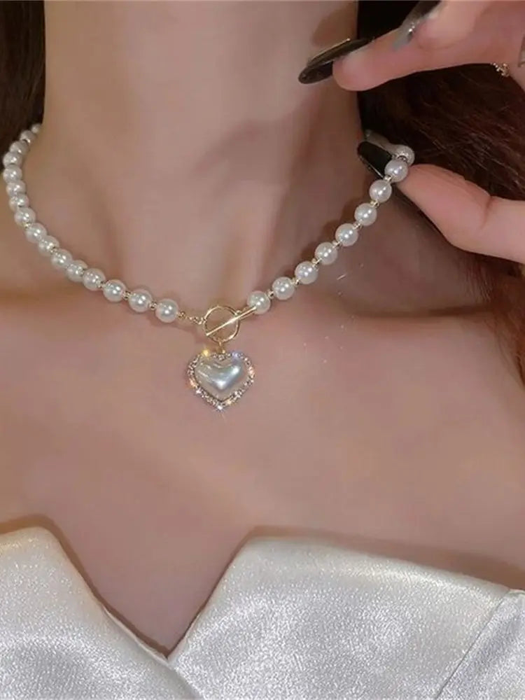 Vintage ABS Pearl Pendant Necklace | OT Buckle Clavicle Chain for Women