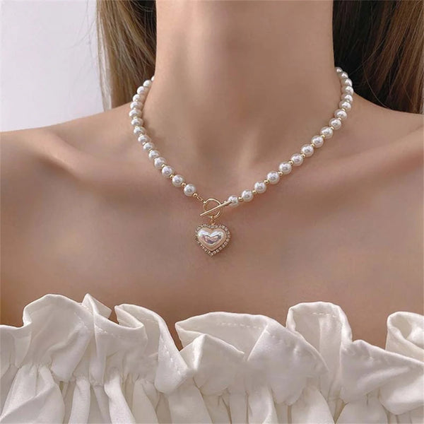 Vintage ABS Pearl Pendant Necklace | OT Buckle Clavicle Chain for Women