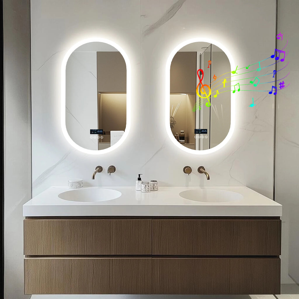 Oval LED Bathroom Mirror with Bluetooth Speaker Backlit Dimmable Wall Vanity Mirror, Digital Display, Antifog, 50x80cm, 120x60cm
