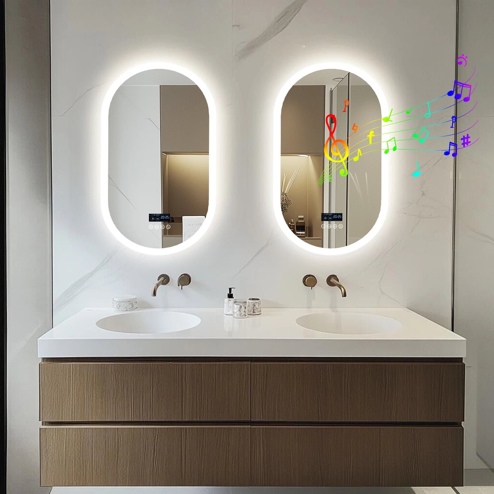 Oval LED Bathroom Mirror with Bluetooth Speaker Backlit Dimmable Wall Vanity Mirror, Digital Display, Antifog, 50x80cm, 120x60cm