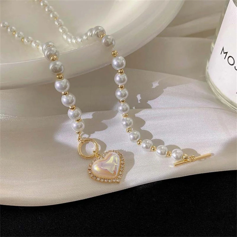 Vintage ABS Pearl Pendant Necklace | OT Buckle Clavicle Chain for Women