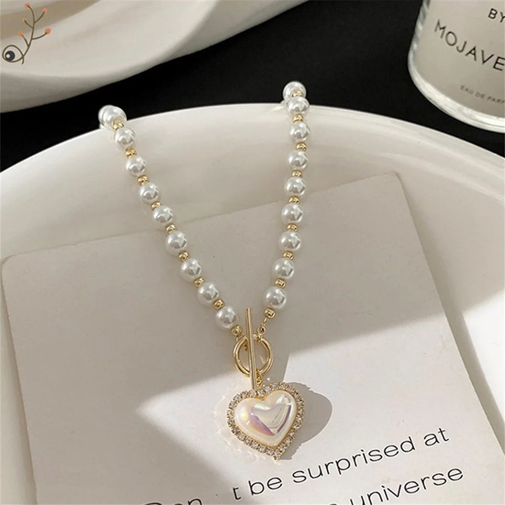 Vintage ABS Pearl Pendant Necklace | OT Buckle Clavicle Chain for Women