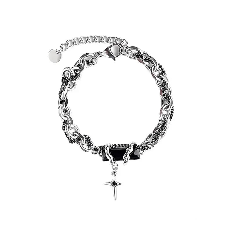 Retro Black Zircon Star Bracelet | Titanium Steel Unisex Goth Jewelry