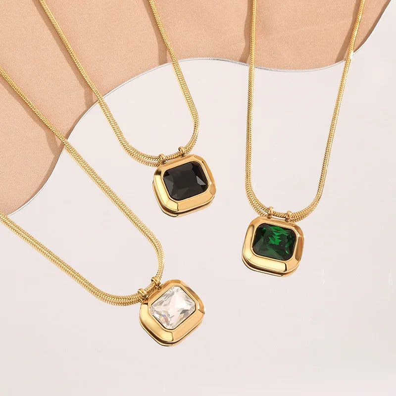 Retro Fashion Gold Color Stainless Steel Geometry Green Crystal Pendant Necklace for Women Luxury Emerald Collar Jewelry Gift