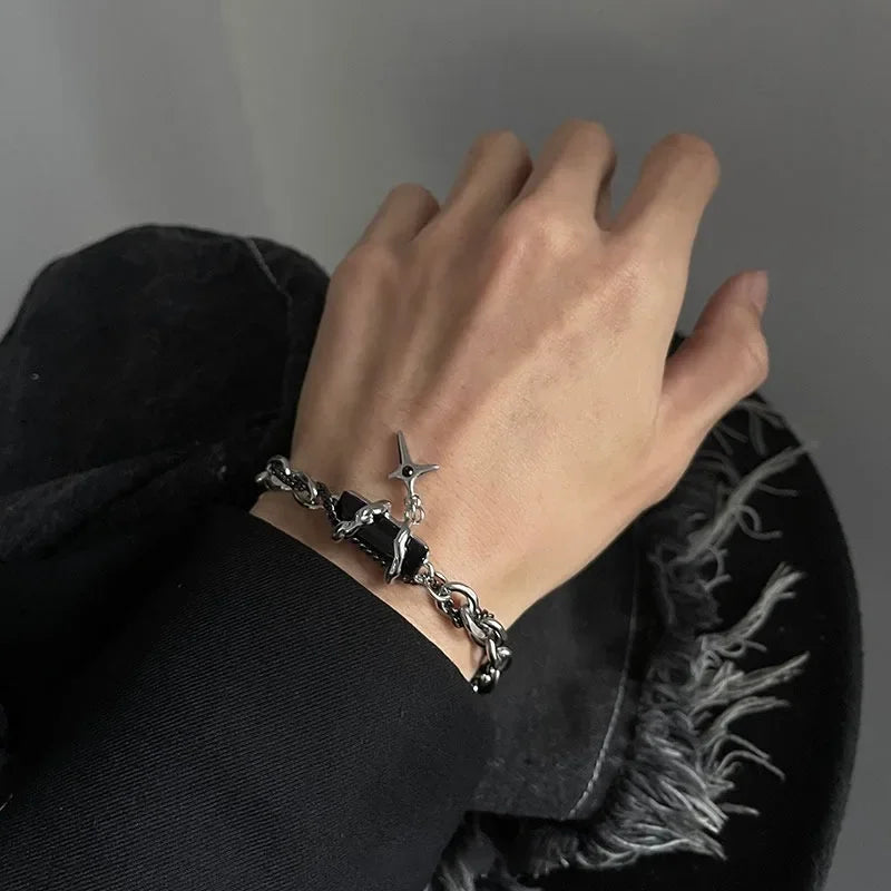 Retro Black Zircon Star Bracelet | Titanium Steel Unisex Goth Jewelry