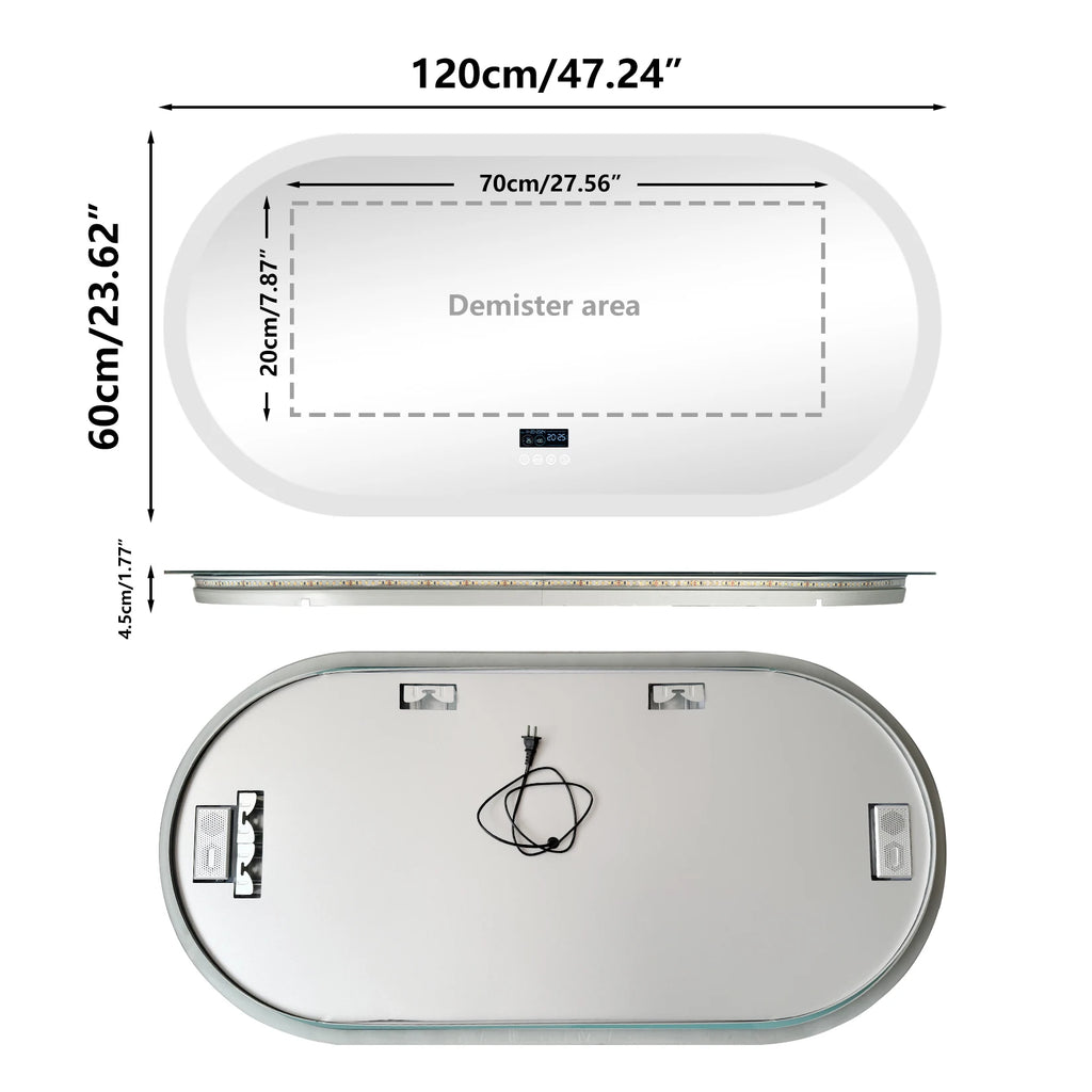 Oval LED Bathroom Mirror with Bluetooth Speaker Backlit Dimmable Wall Vanity Mirror, Digital Display, Antifog, 50x80cm, 120x60cm