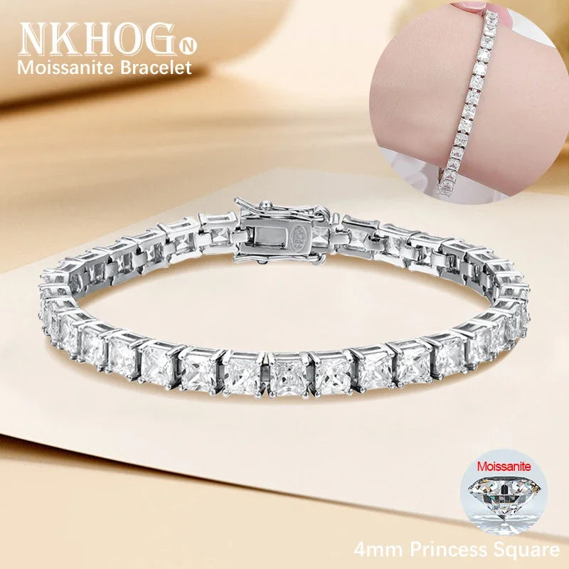 NKHOG 4mm Princess Cut Moissanite Tennis Bracelet | S925 Silver Unisex