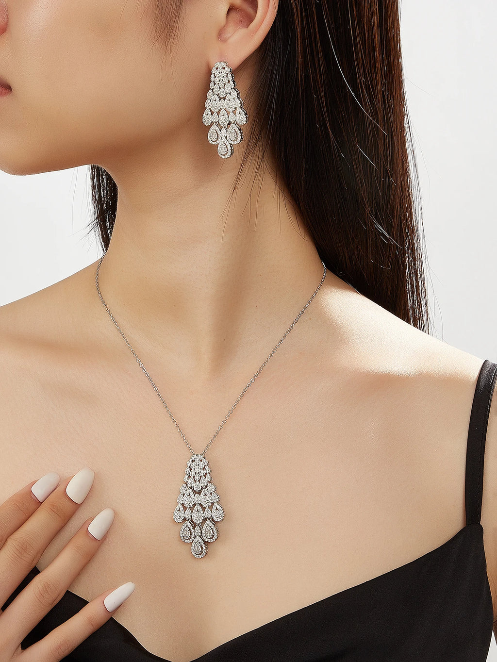 New Elegant Charms Gift Water Droplets Shape Cubic Zircon Necklace Earrings 2pcs Set For Women Wedding Anniversary Jewelry